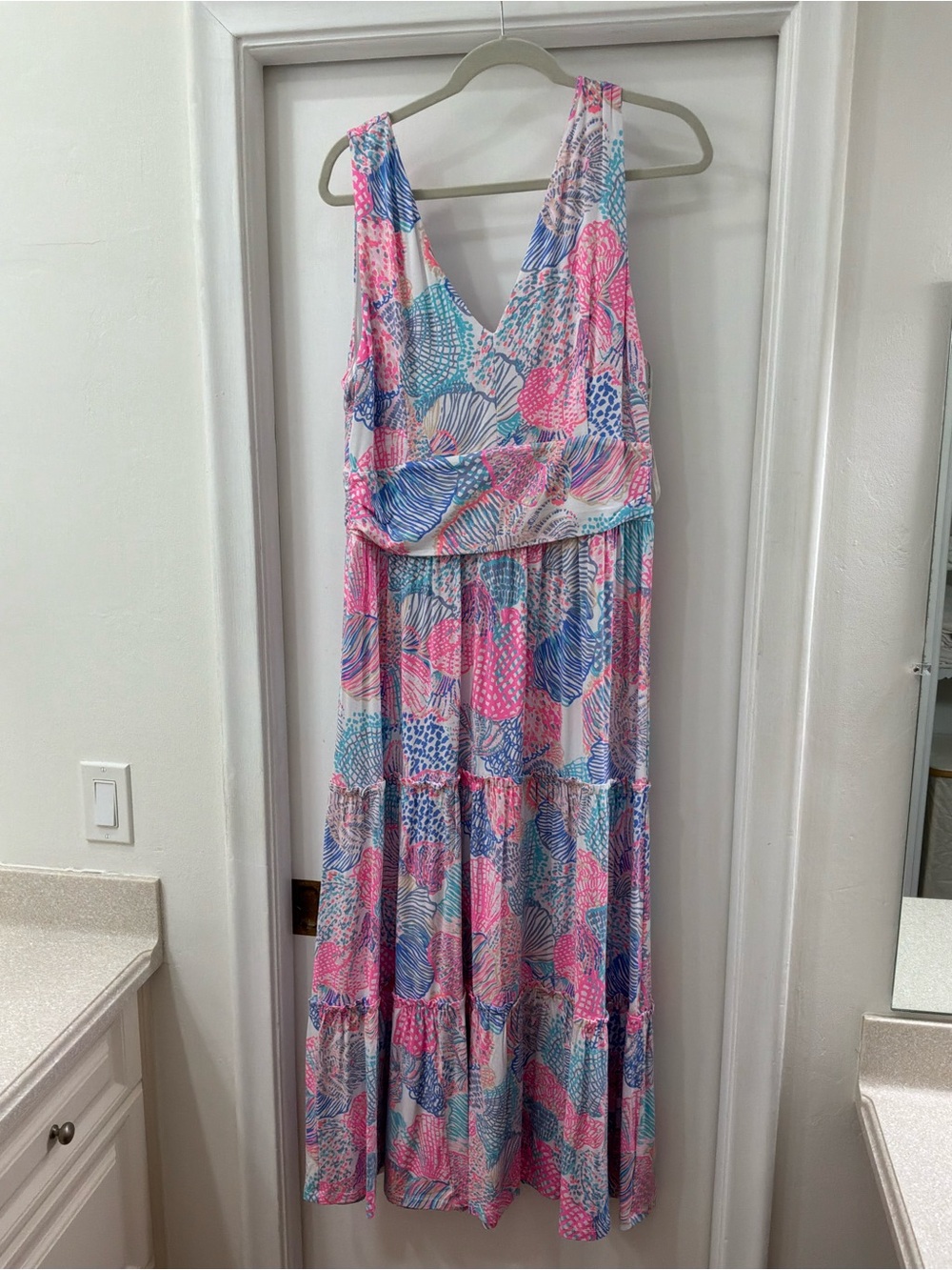 Lilly Pulitzer Pink & Blue Printed V-Neck Tiered Maxi Dress